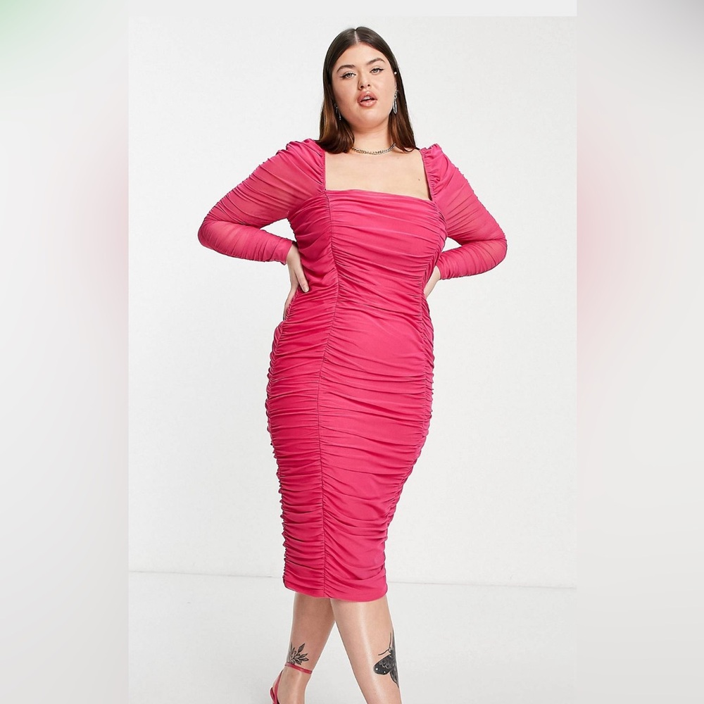 ASOS Curve Mesh Ruched Pink Midi Dress